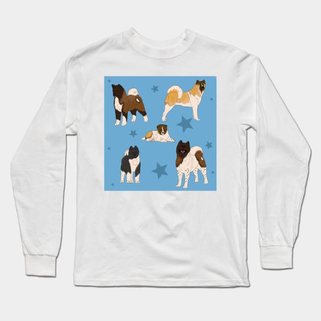 Akita American Pattern Blue Long Sleeve T-Shirt by TrapperWeasel